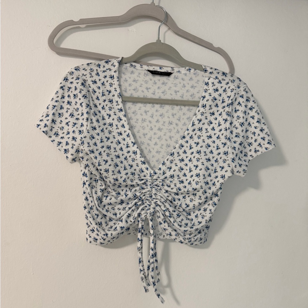 Floral V-Neck Ruched Top - White and Blue